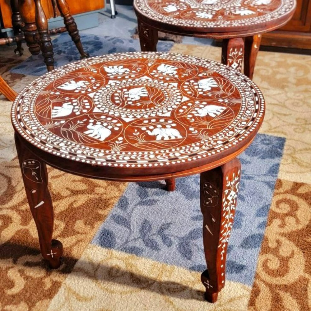 EXQUISITE VINTAGE ROUND WOODEN COFFEE TABLES WITH ELEPHANT INLAY DESIGN